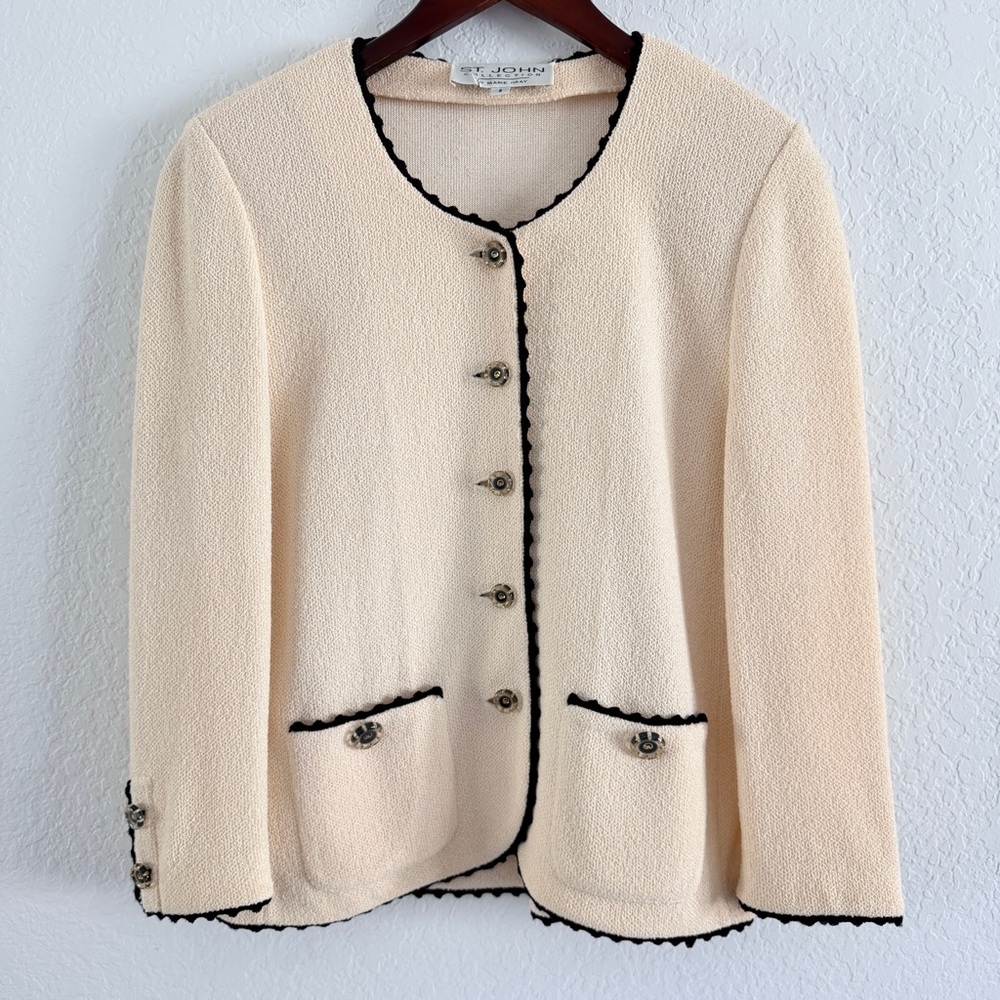 St. John Cream Bouclé Jacket with Black Trim - Picture 6 of 14